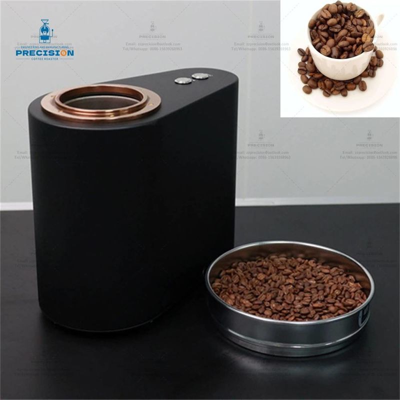 Un torréfacteur de café à la maison compact avec une capacité de 200 g, une puissance de feu de 1900 kcal et une tasse de refroidissement en or rose.