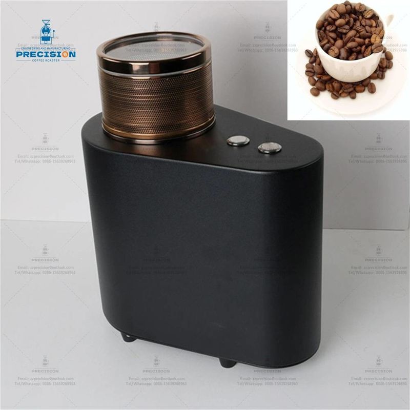 Un torréfacteur de café à la maison compact avec une capacité de 200 g, une puissance de feu de 1900 kcal et une tasse de refroidissement en or rose.